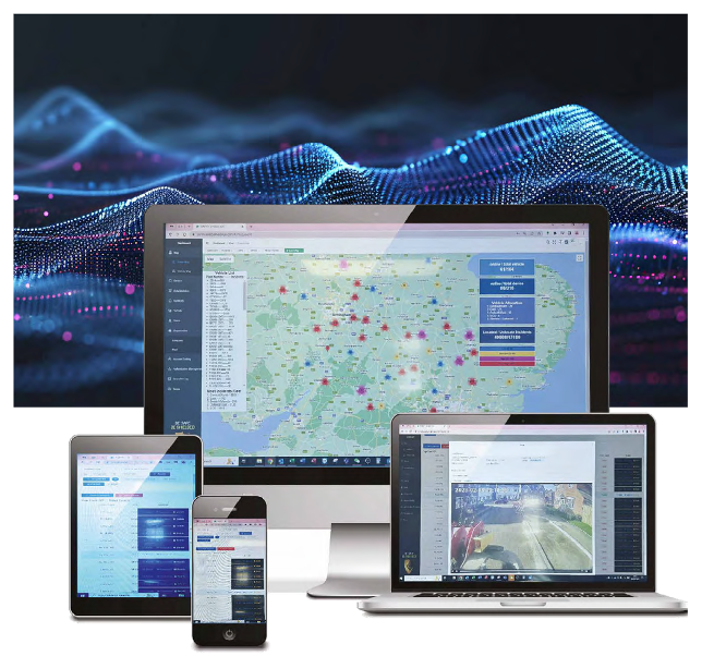 The HSE Americas operational risk platform shown across desktop, laptop, tablet, and mobile — displaying live detection events and risk analytics